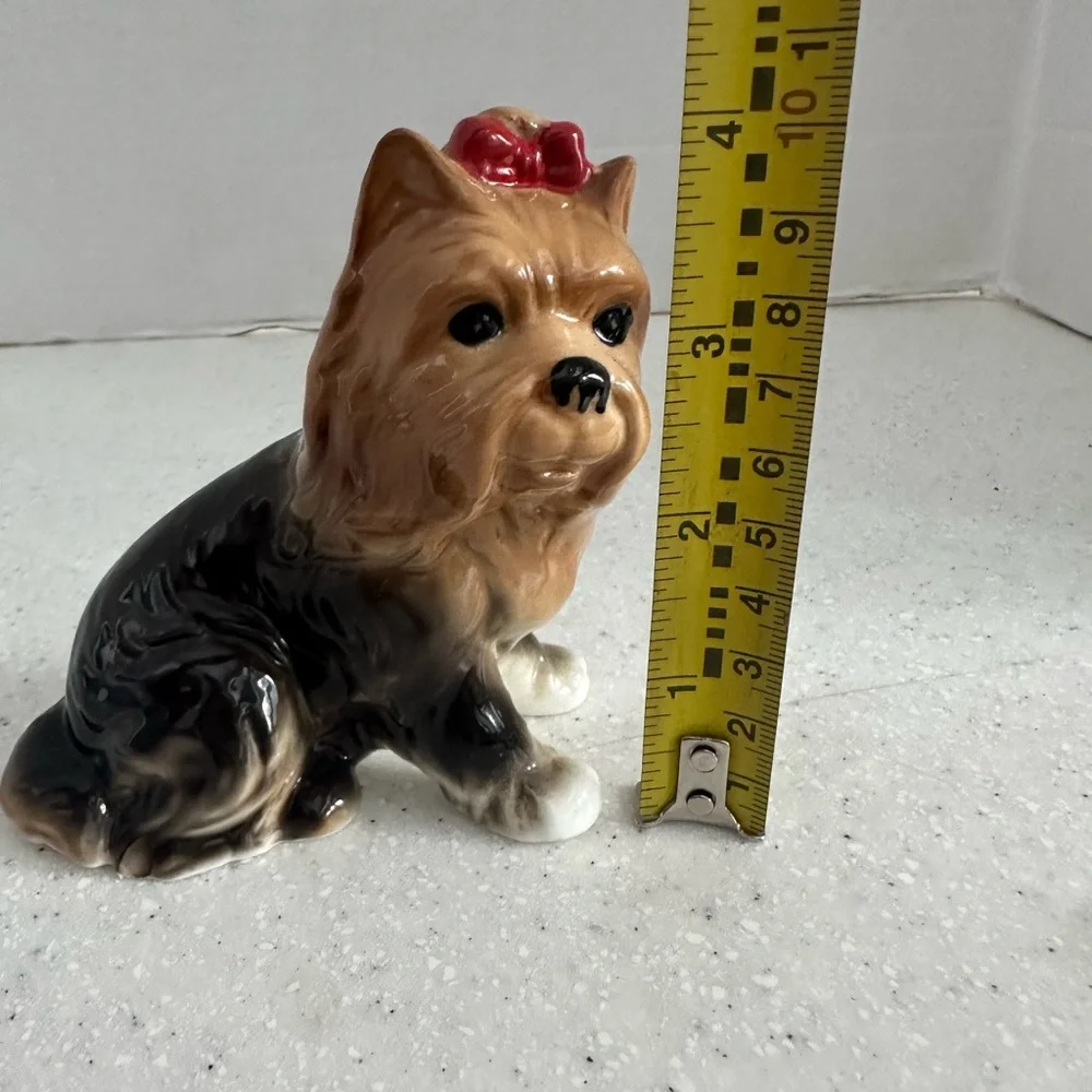 Vintage Bone China Yorkshire Terrier Dog Figurine with Red Bow! Collectible